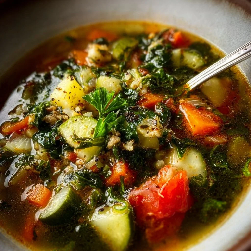 Bowl of Greek Healing Soup with fresh ingredients and herbs for wellness.