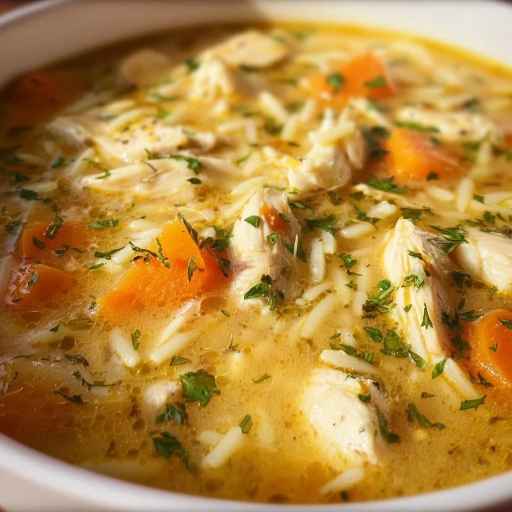 Bowl of Greek Lemon Chicken Soup garnished with fresh herbs