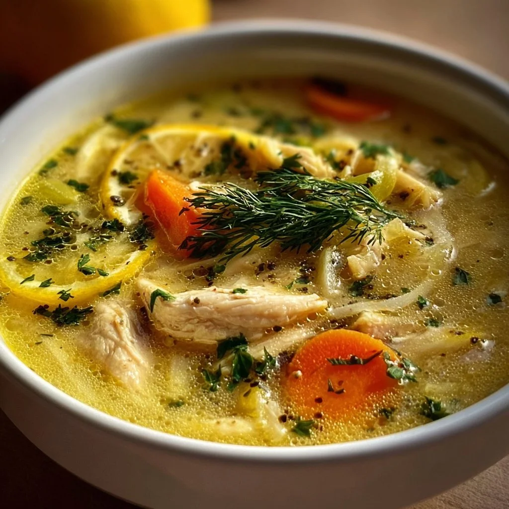 Bowl of Greek lemon chicken soup garnished with herbs and lemon slices