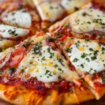 A slice of Greek Yogurt Pizza topped with fresh vegetables and herbs.