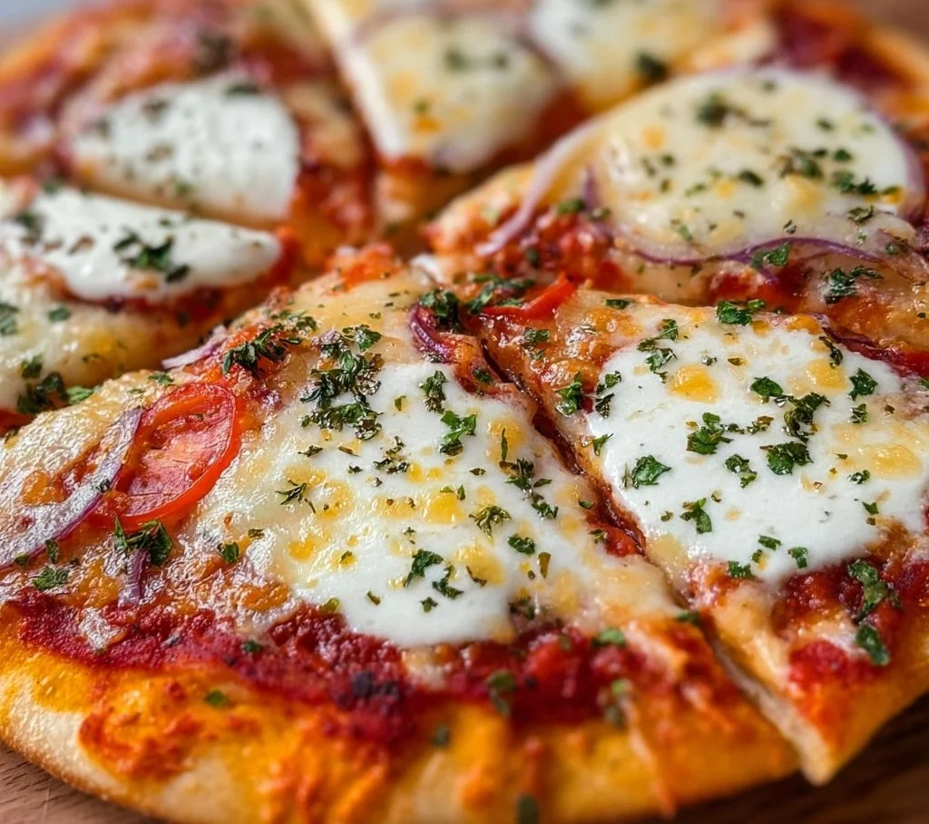 A slice of Greek Yogurt Pizza topped with fresh vegetables and herbs.