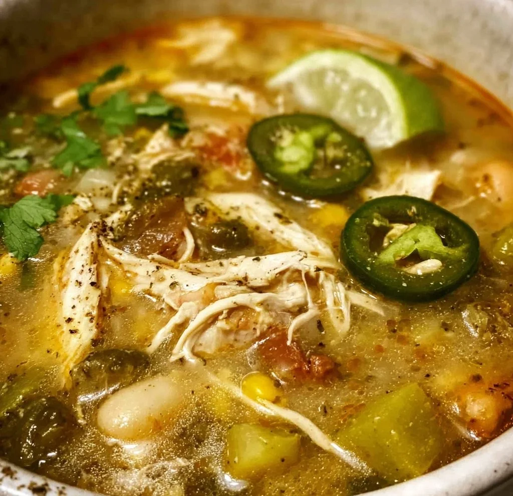 Bowl of Green Chicken Chili Soup with fresh ingredients and spices