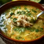 Bowl of green chicken enchilada soup topped with cilantro and avocado slices