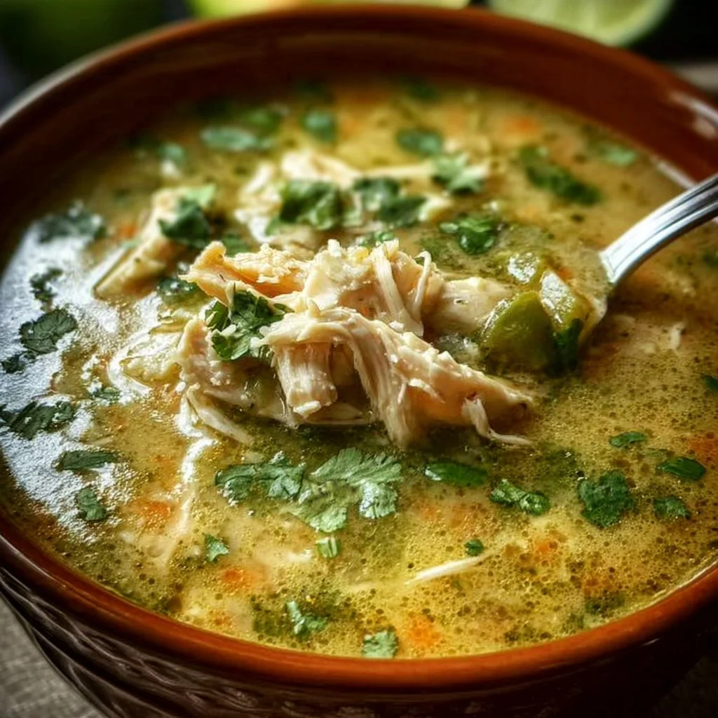 Bowl of green chicken enchilada soup topped with cilantro and avocado slices