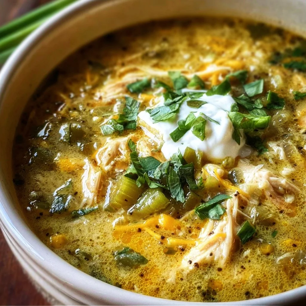 A hearty bowl of green chicken enchilada soup garnished with cilantro and lime.
