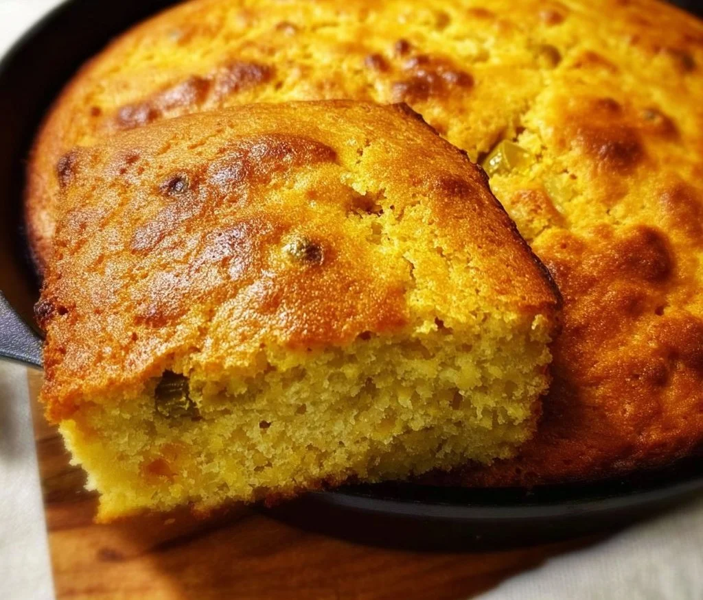 Delicious Green Chile Cheddar Cornbread served warm with melted cheese on top.