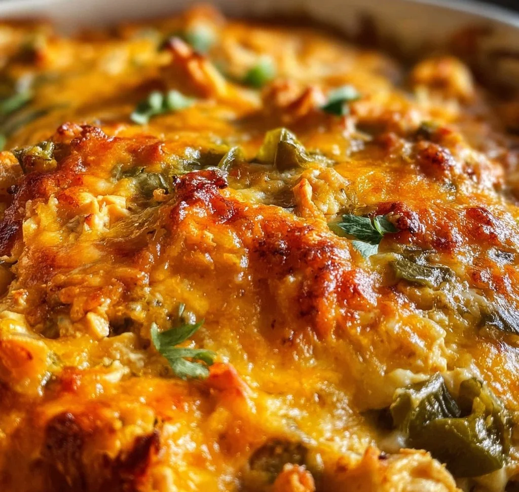 Delicious Green Chile Chicken Casserole served with toppings