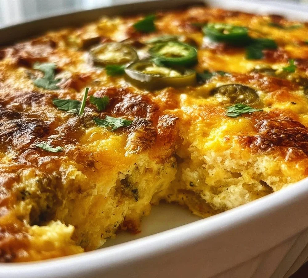 Delicious Green Chile Egg Casserole served in a dish with fresh toppings