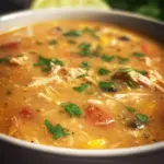A bowl of green chili chicken enchilada soup garnished with cilantro and tortilla strips.