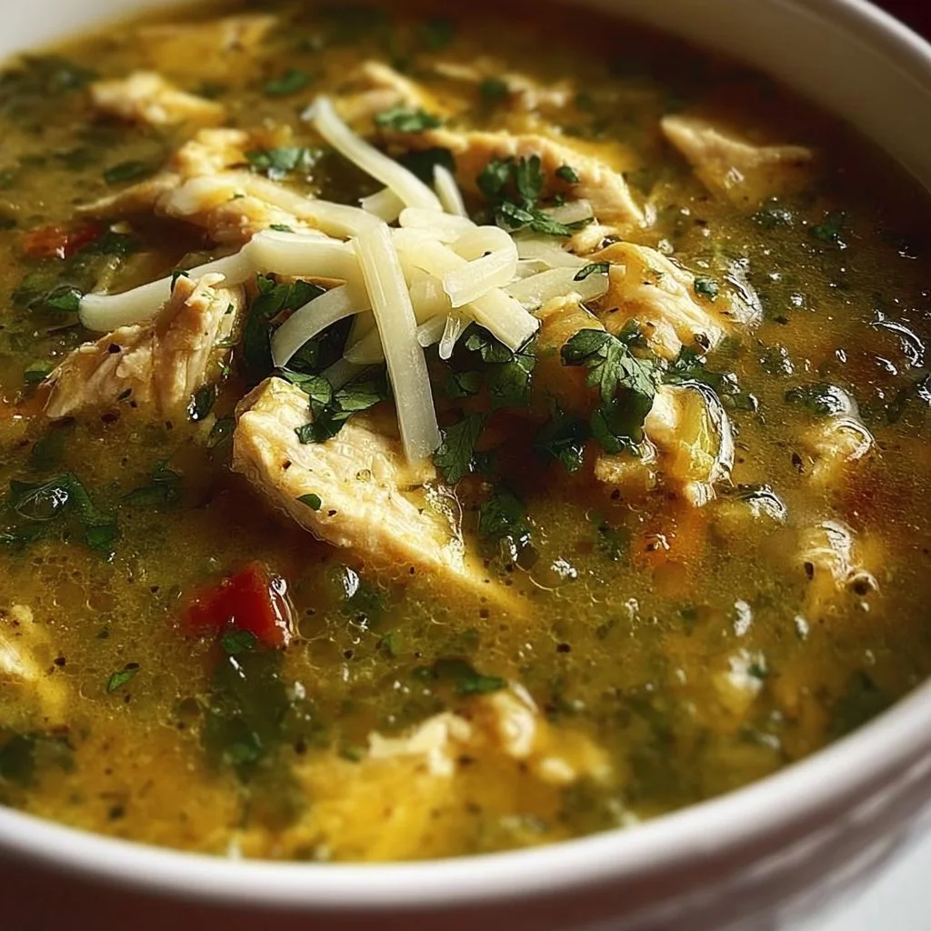 Bowl of green chili chicken soup with fresh ingredients and spices
