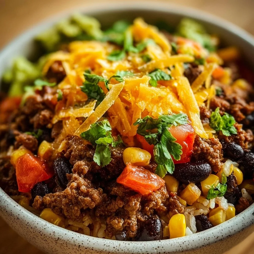 Ground Beef Burrito Bowl with fresh ingredients and vibrant toppings