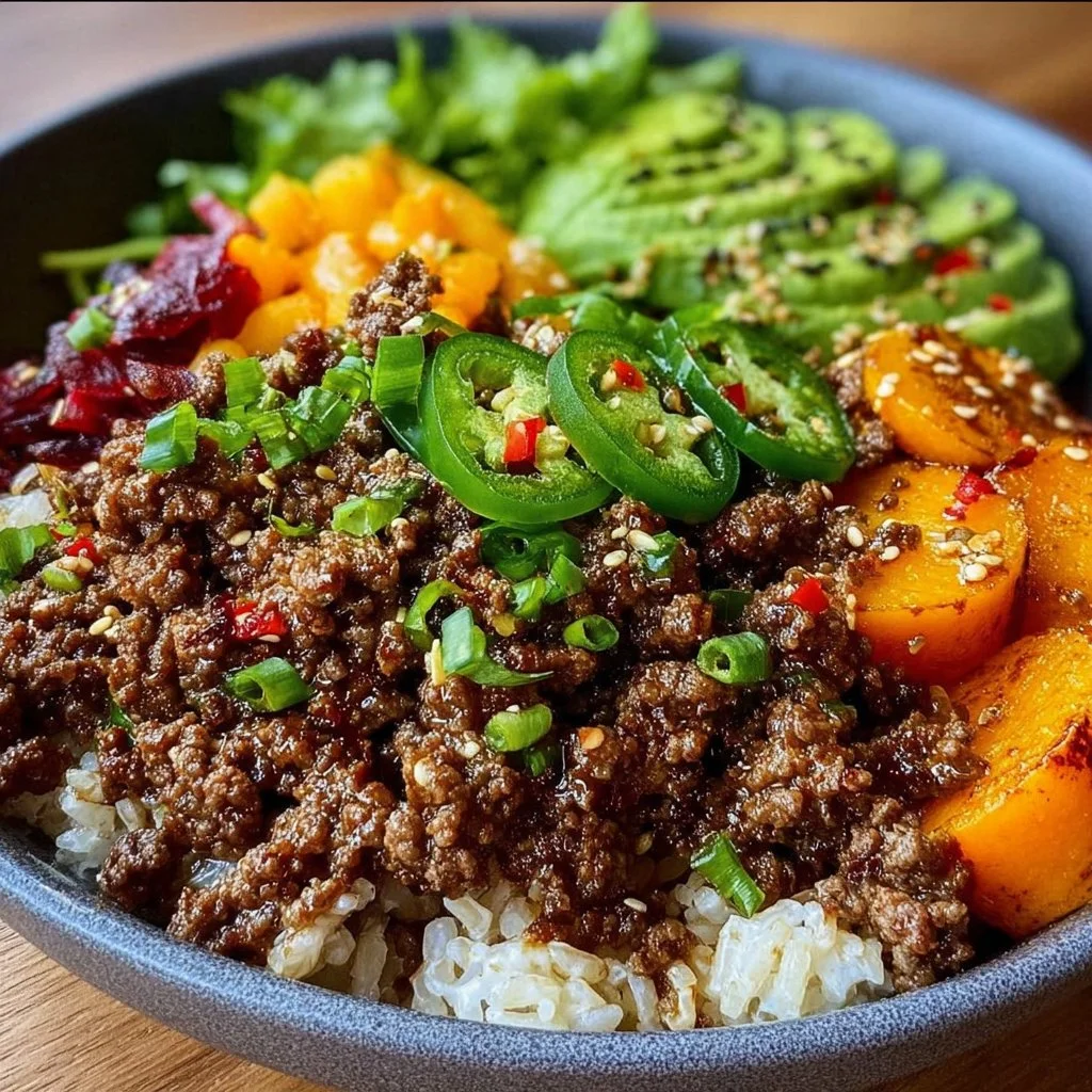 Ground Beef Hot Honey Bowl garnished with fresh herbs and served in a bowl.