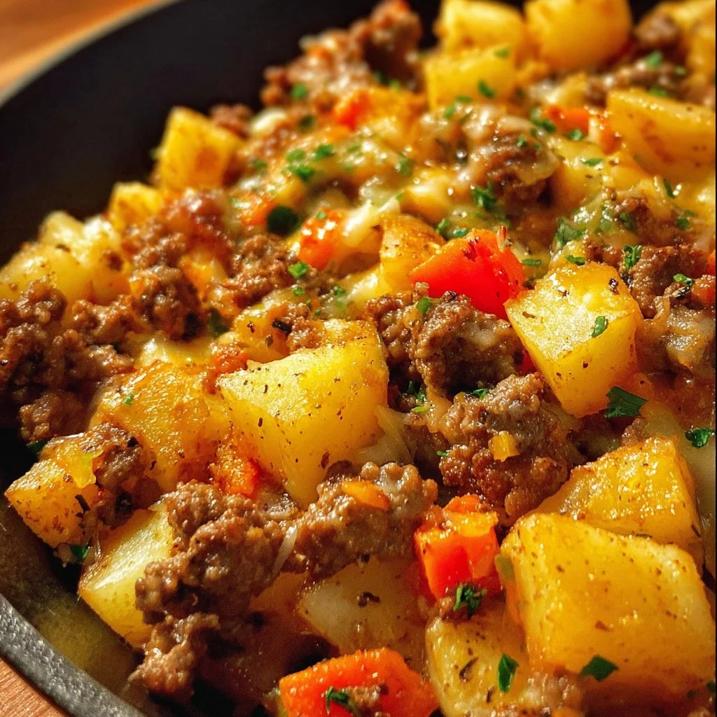 Delicious ground beef potato hash served in a skillet