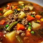 A warm bowl of Ground Beef Vegetable Soup filled with fresh vegetables and tender beef.