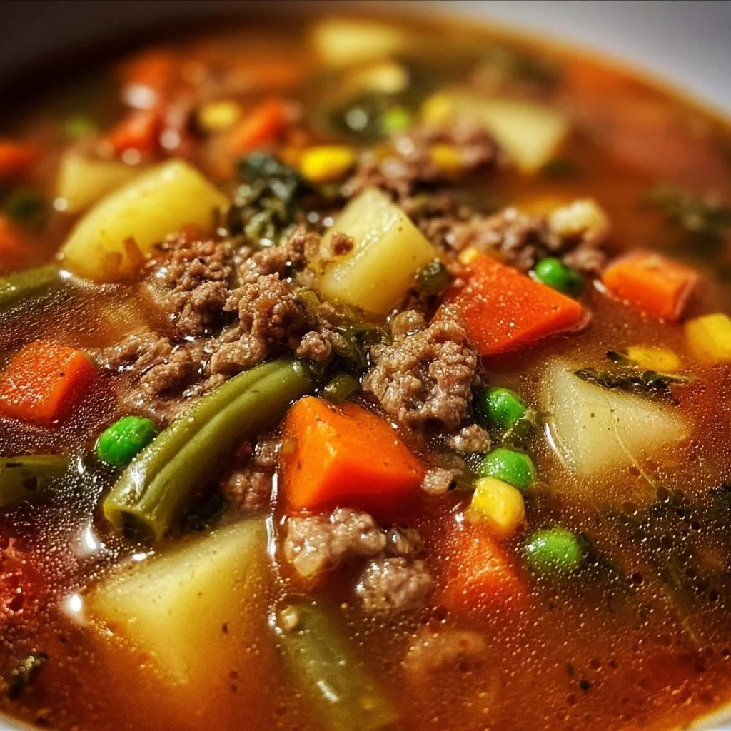 A warm bowl of Ground Beef Vegetable Soup filled with fresh vegetables and tender beef.