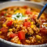 Bowl of delicious ground turkey taco soup topped with fresh cilantro.