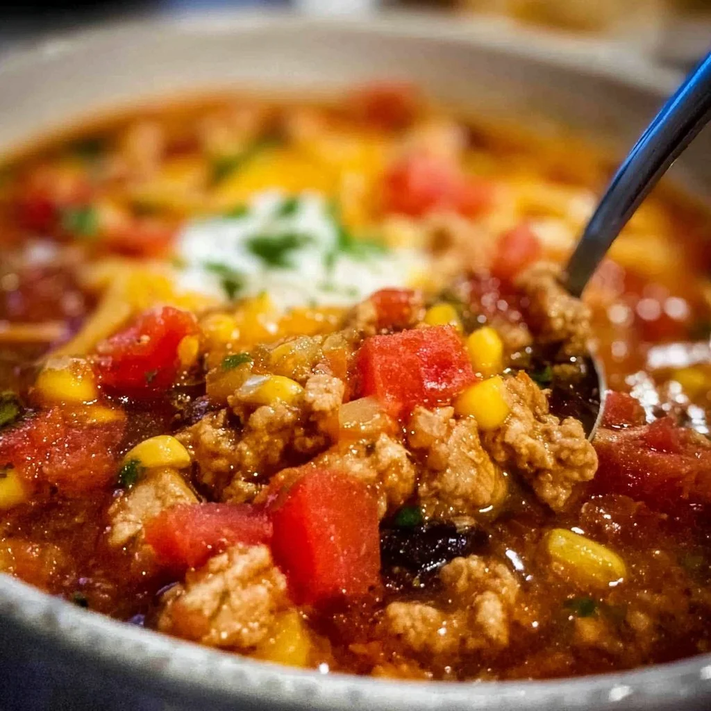 Bowl of delicious ground turkey taco soup topped with fresh cilantro.