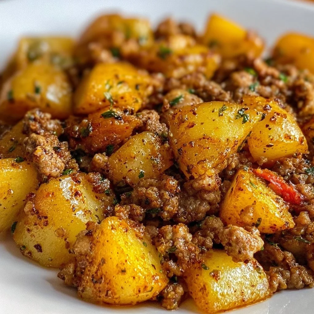 Plate of ground turkey with seasoned potatoes
