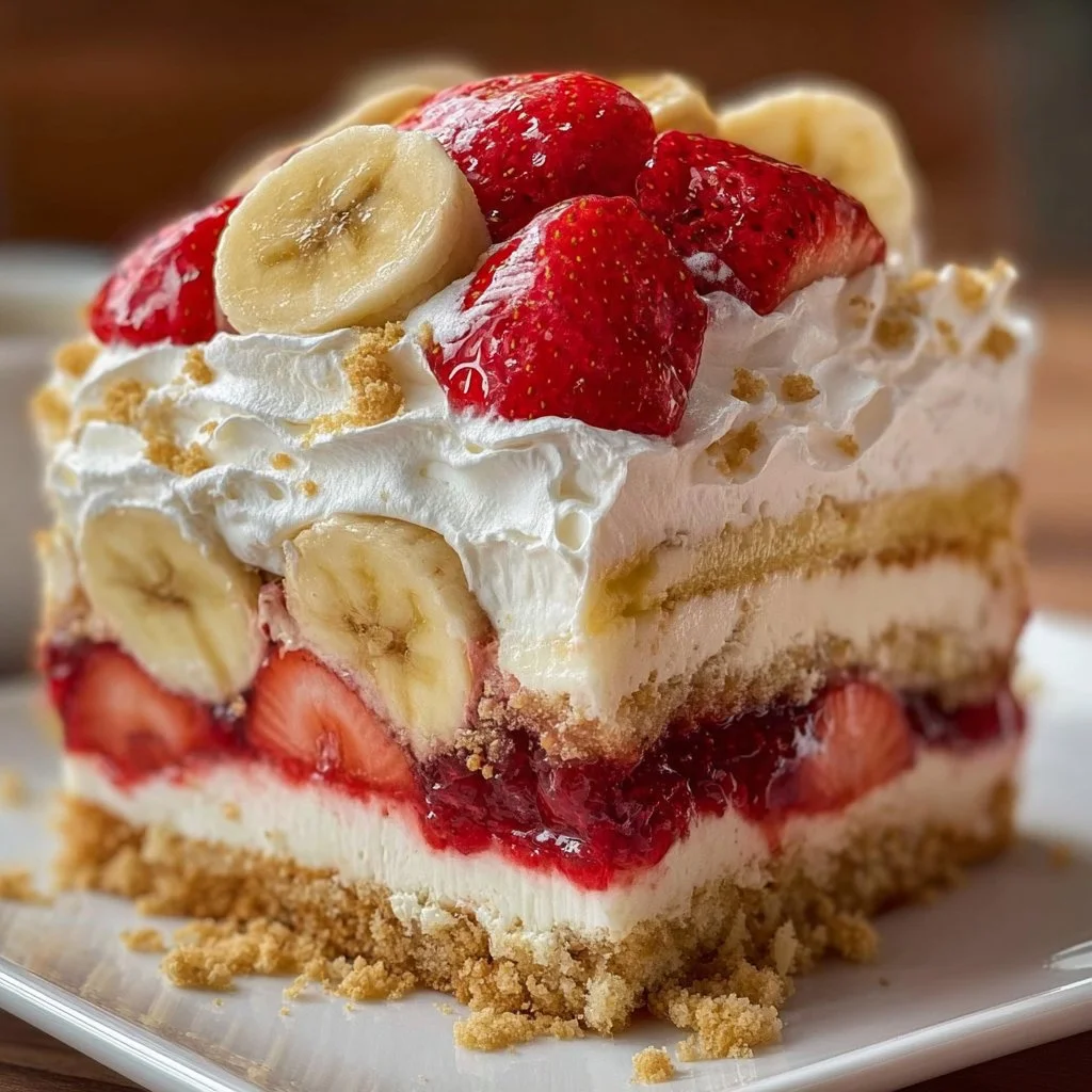 Half Strawberry Shortcake Half Banana Pudding Cake sliced on a plate