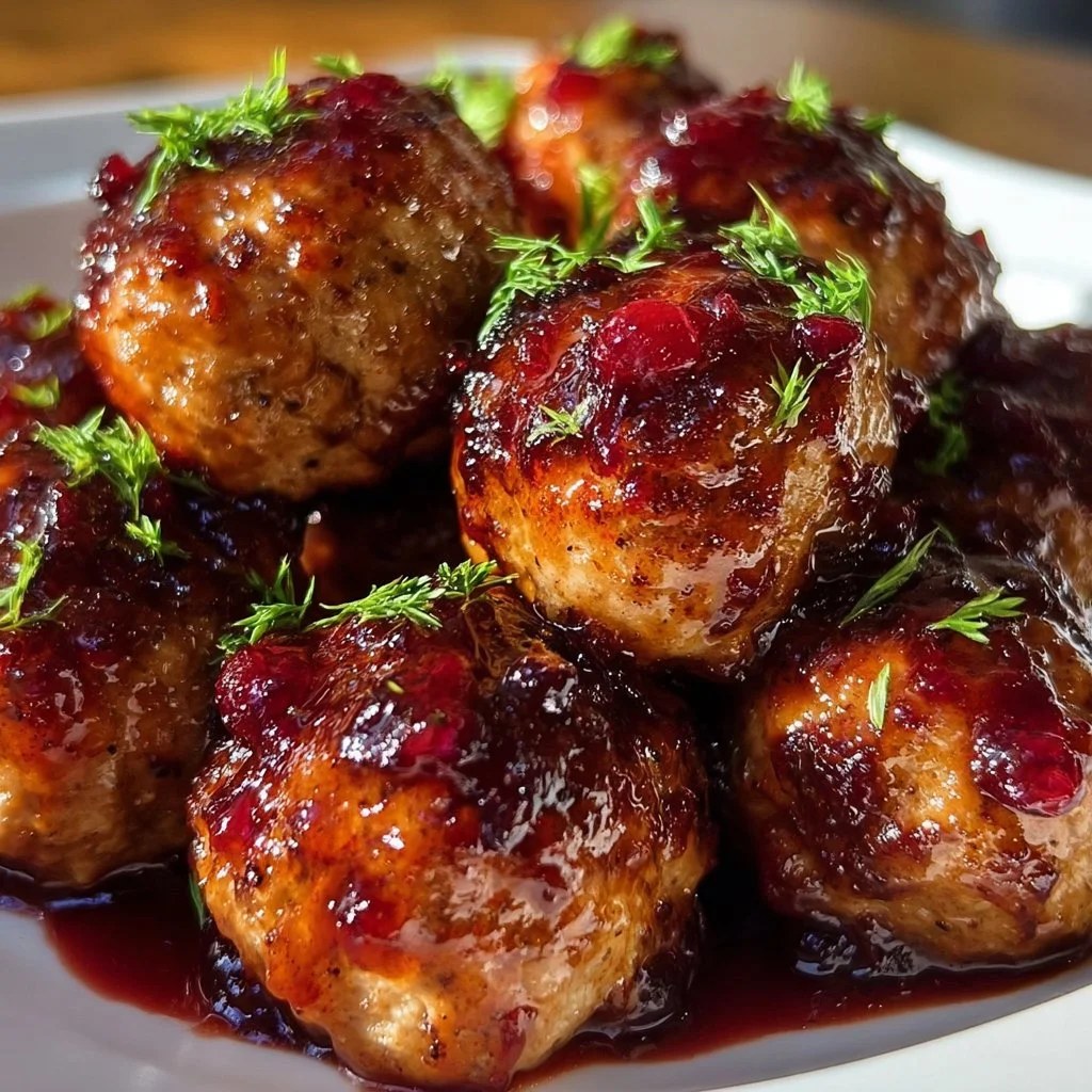 Harvest Turkey Meatballs glazed with cranberry sauce on a plate