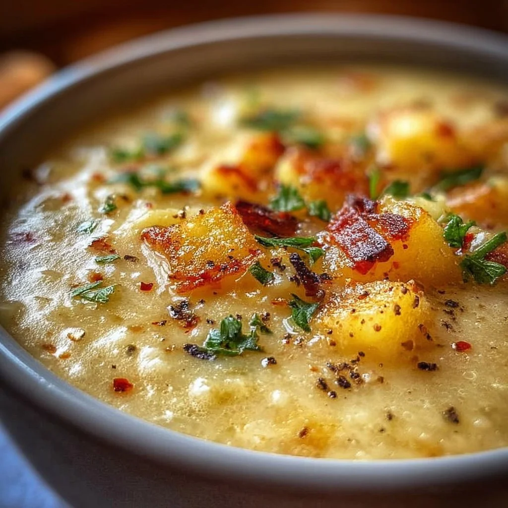 Delicious bowl of hash brown potato soup garnished with herbs and served warm