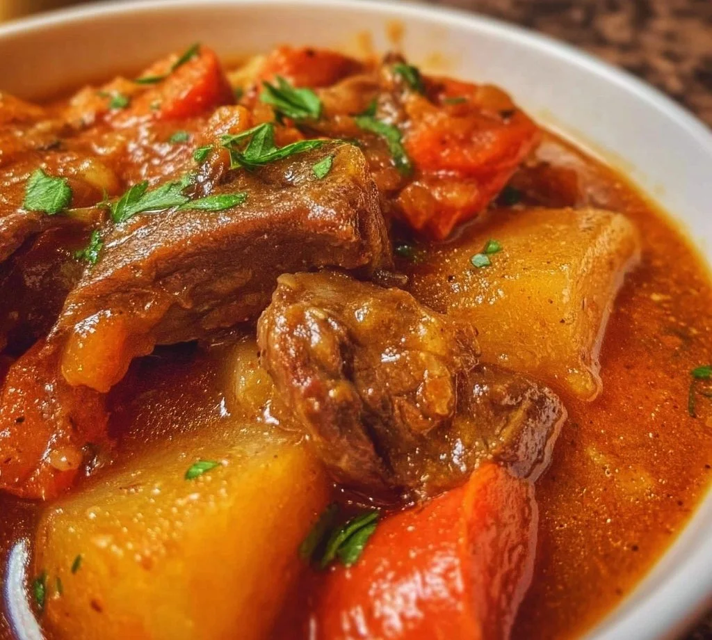 A bowl of Hawaiian Beef Stew with vegetables and herbs on a wooden table.