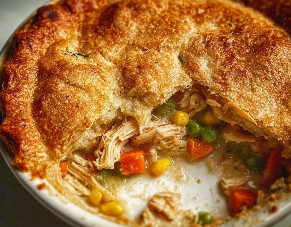 Healthy chicken pot pie loaded with veggies and tender chicken in a flaky crust