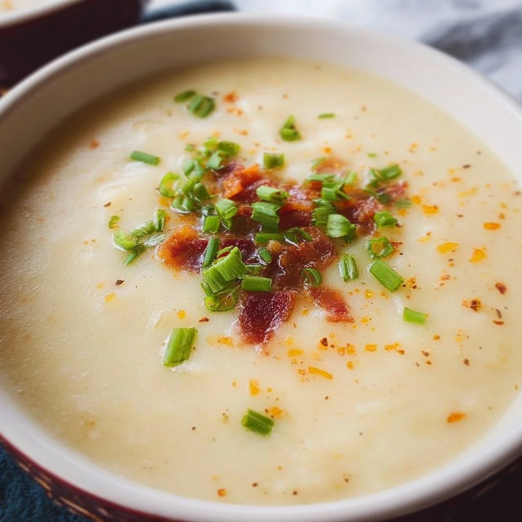 Bowl of healthy dairy free potato soup with fresh herbs and vegetables