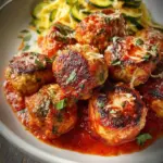 Healthy turkey ricotta meatballs served with marinara sauce and fresh herbs.