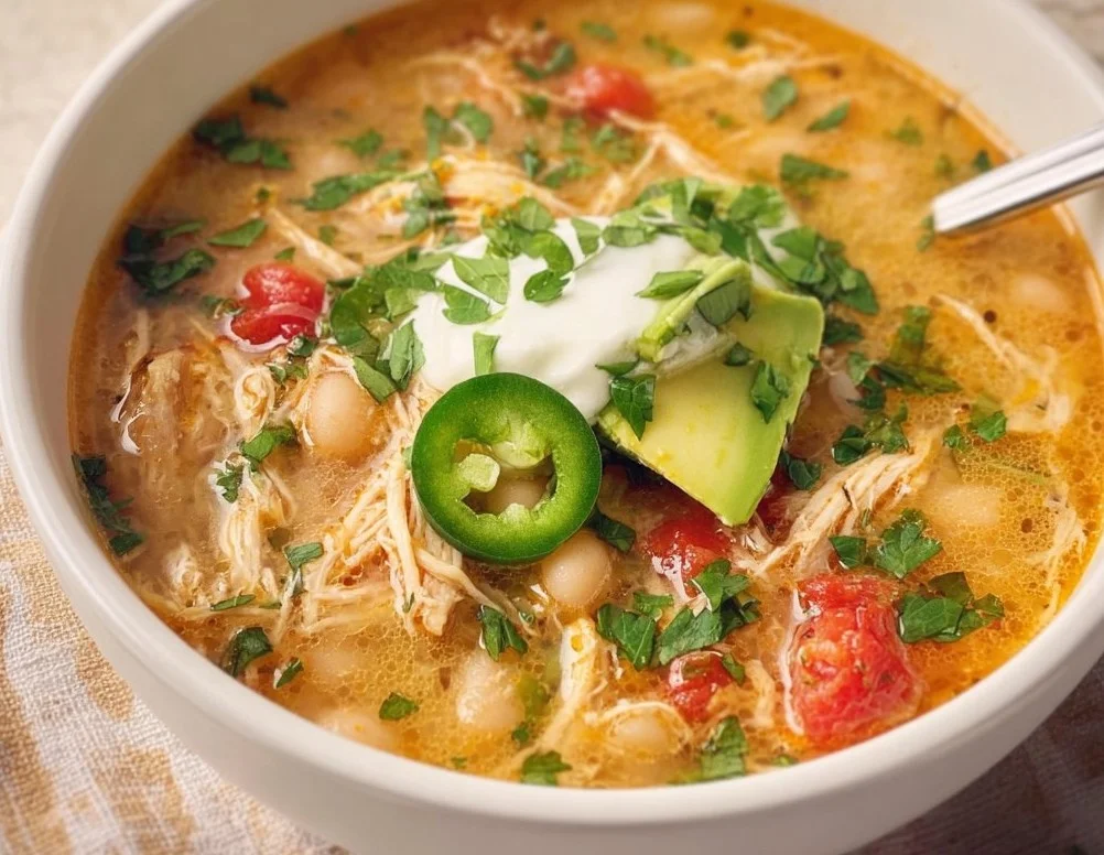 A bowl of healthy white chicken chili topped with fresh cilantro and avocado.