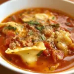 Hearty lasagna soup served in a bowl with melted cheese and herbs.