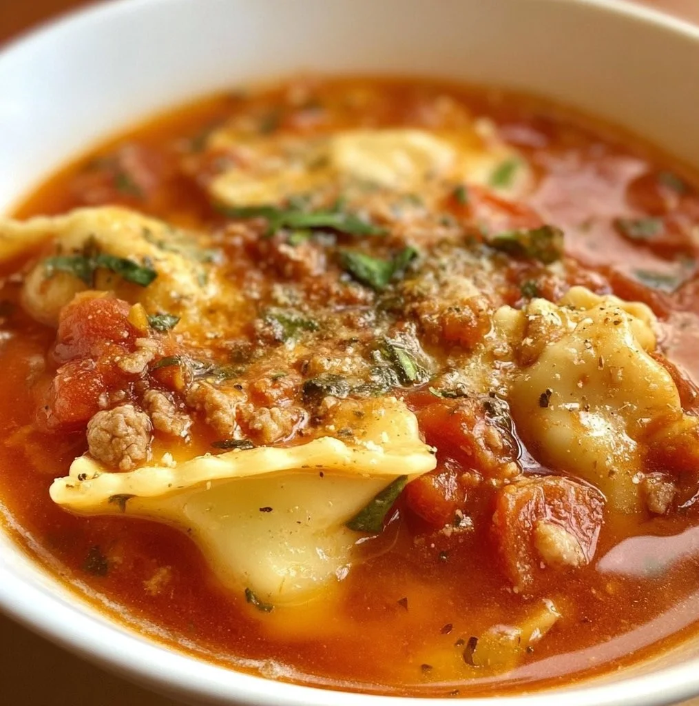 Hearty lasagna soup served in a bowl with melted cheese and herbs.