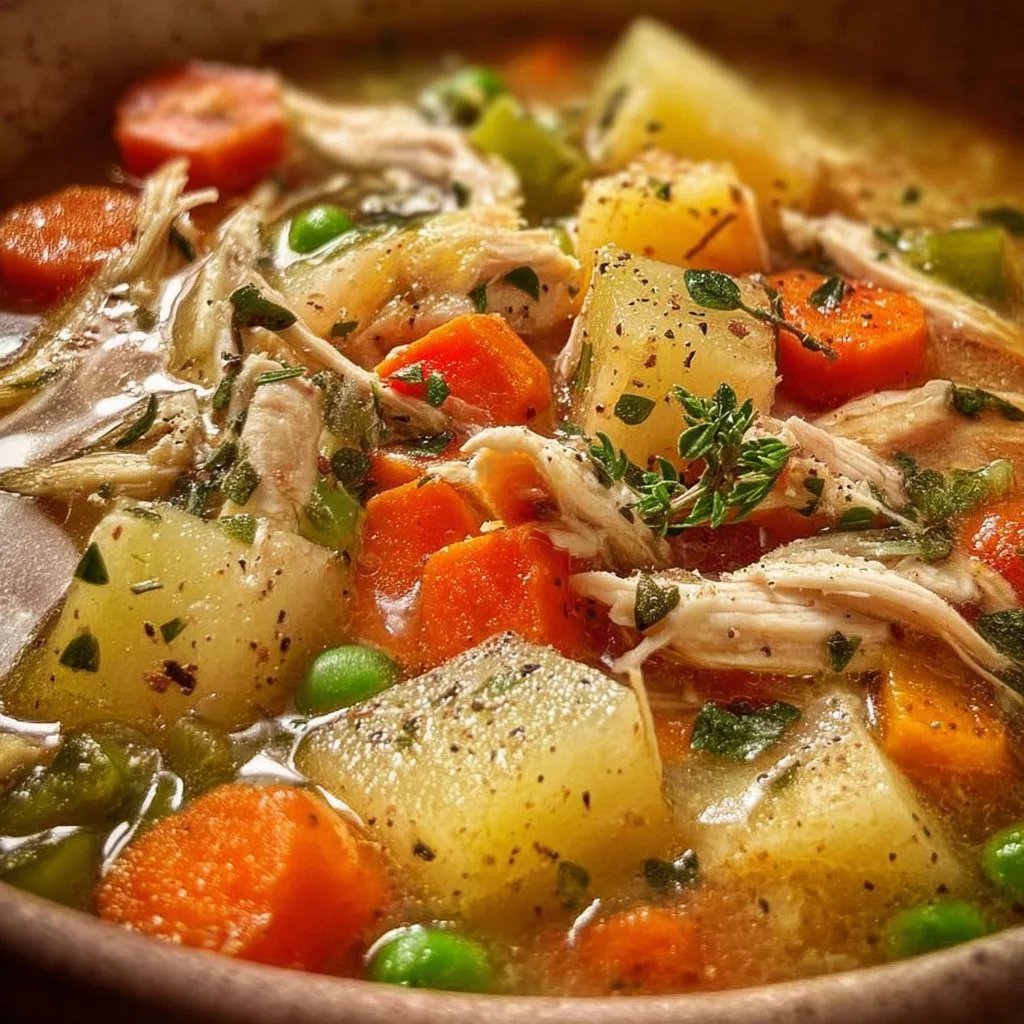 Bowl of hearty chicken and veggie soup with fresh vegetables and herbs