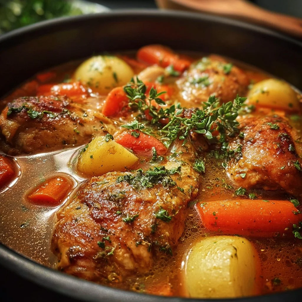 A hearty one-pot stewed chicken dish served with vegetables and herbs