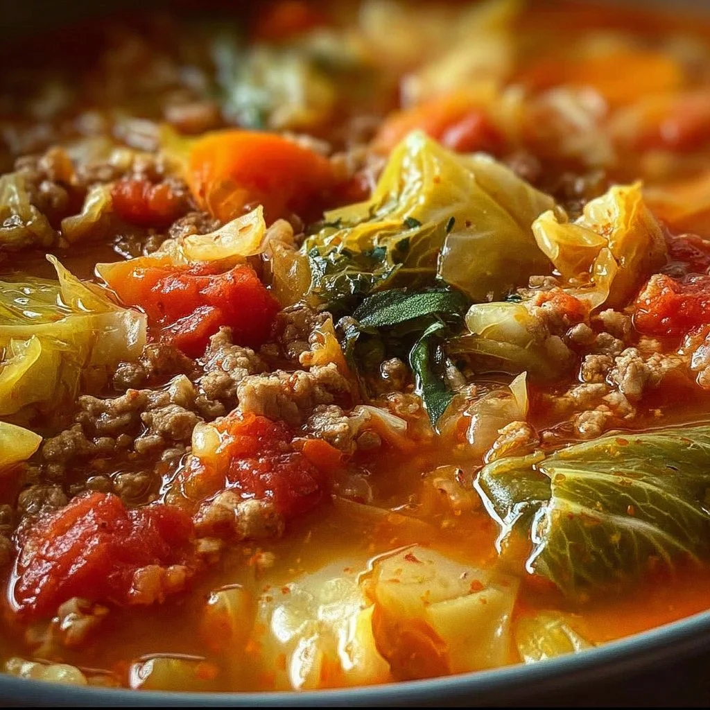 Bowl of hearty stuffed cabbage soup filled with vegetables and ground meat