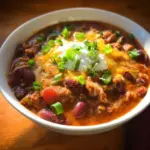 Bowl of hearty three-bean chili topped with fresh herbs
