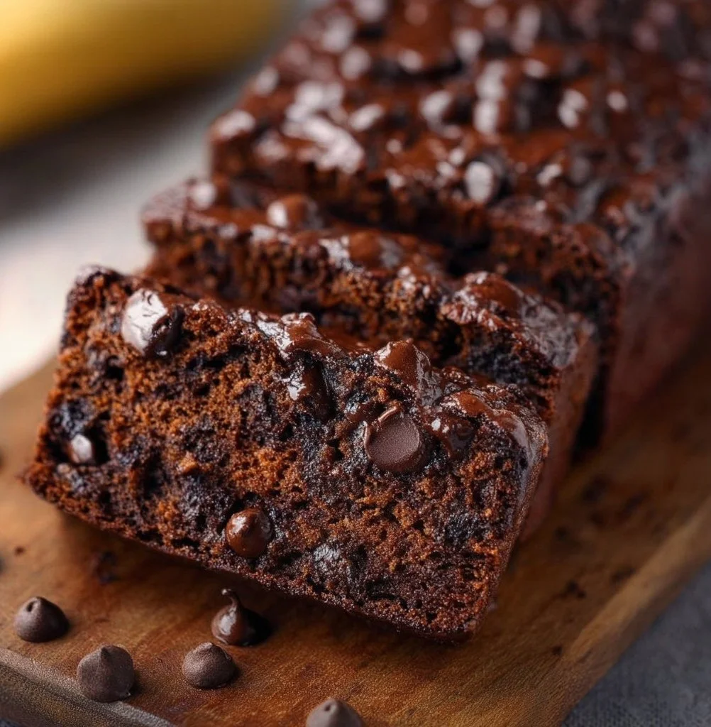 High-protein chocolate banana bread loaf with chocolate chips