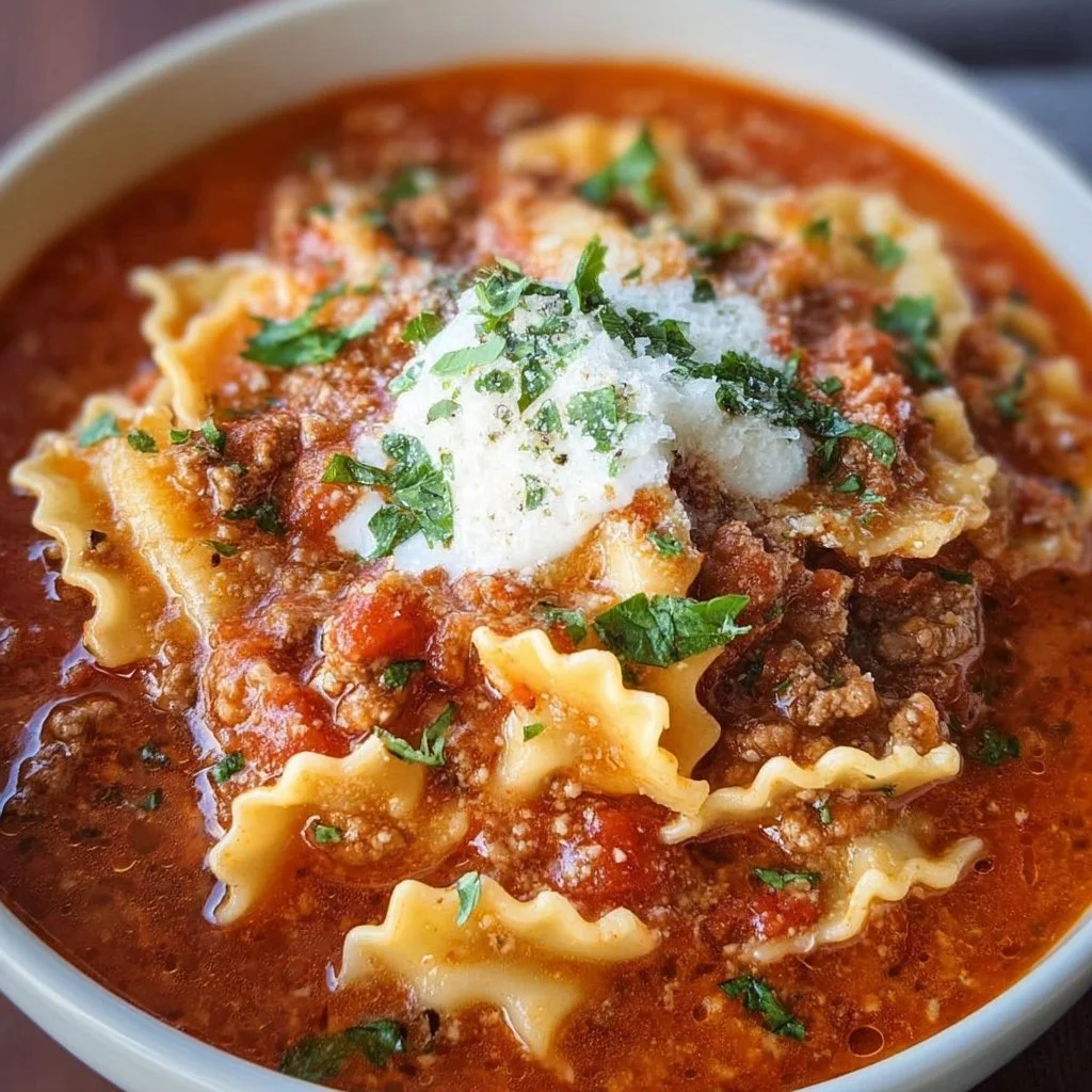 A bowl of high protein lasagna soup topped with cheese and herbs
