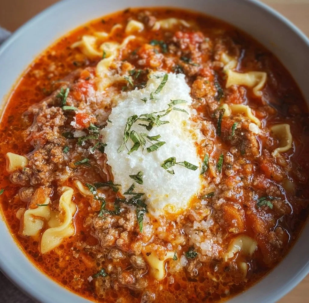Bowl of high protein lasagna soup topped with fresh herbs and cheese