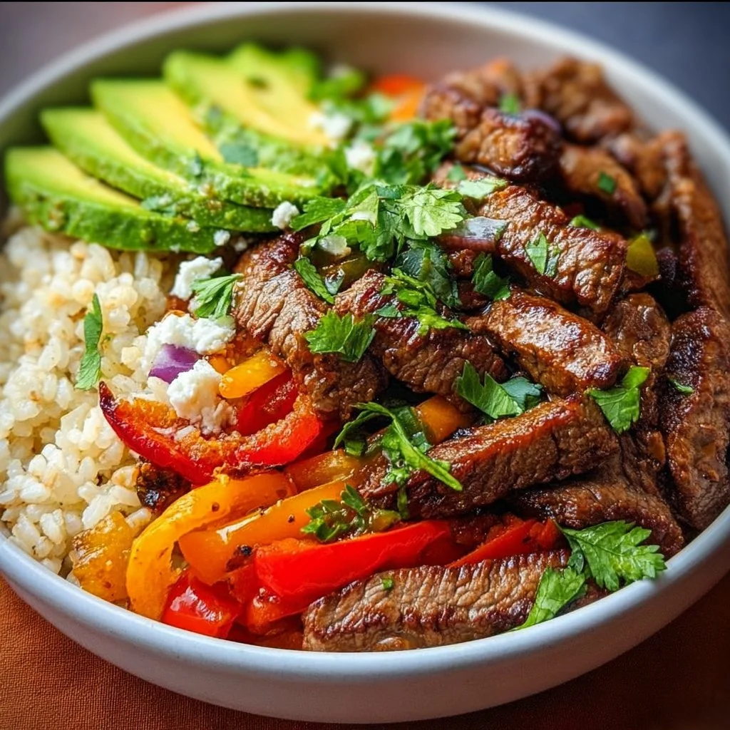 High protein steak fajita bowl with colorful veggies and spices