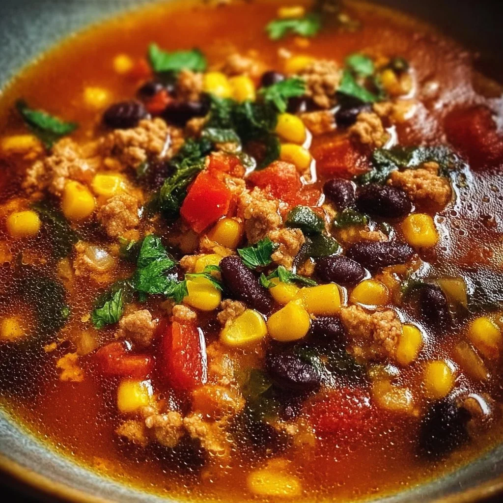 Bowl of high protein taco soup garnished with cilantro and avocado.