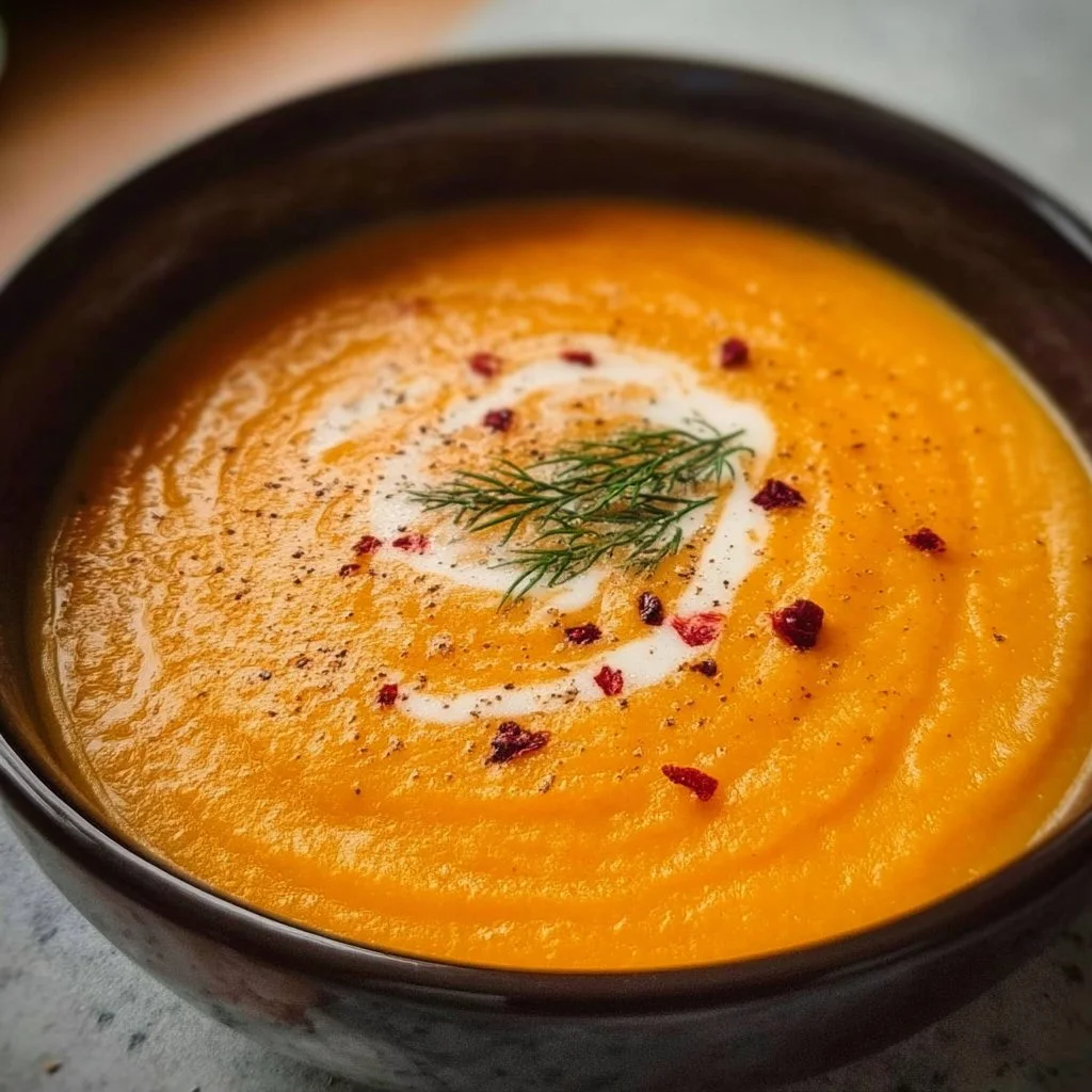 Bowl of homemade carrot sweet potato soup garnished with herbs