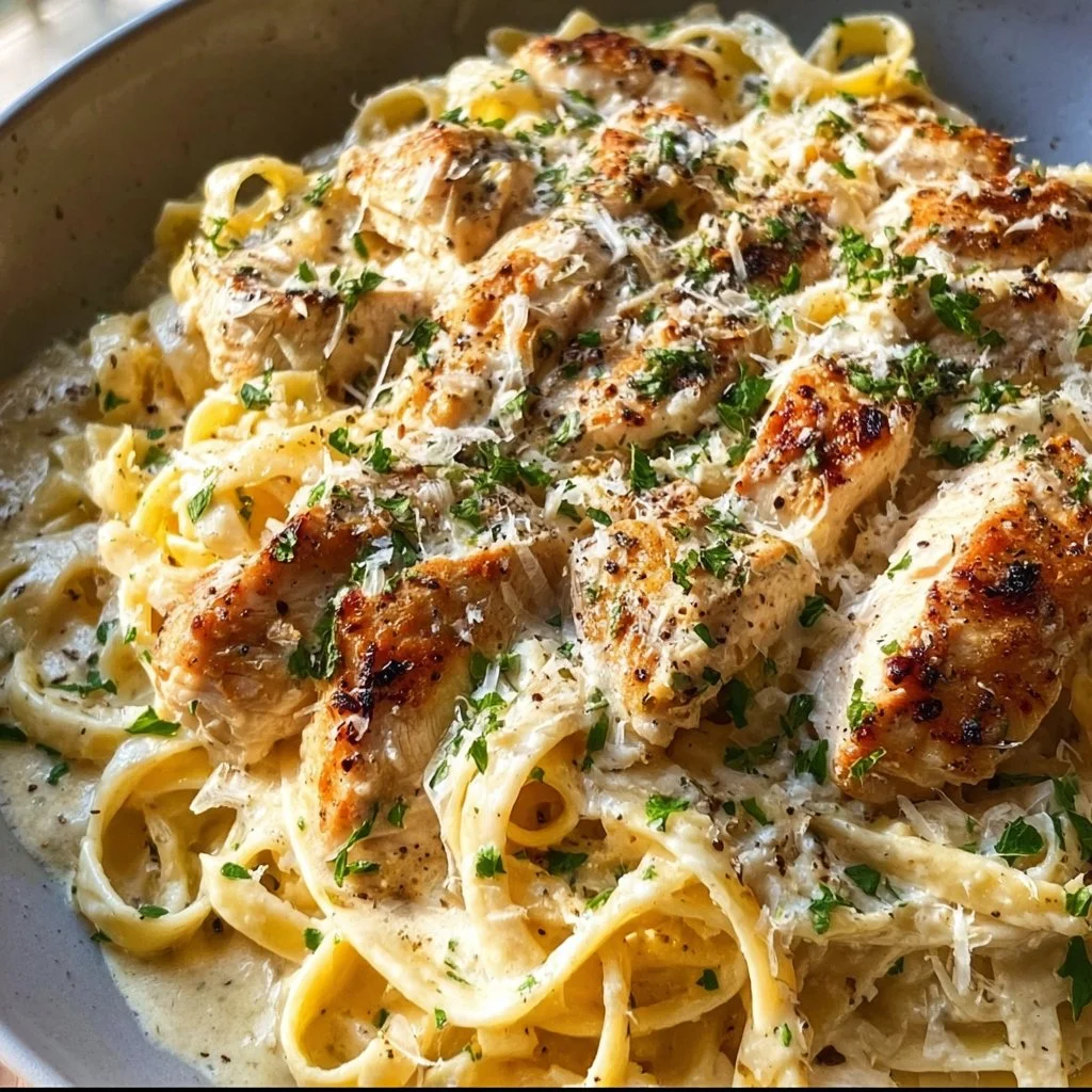 Creamy homemade Chicken Alfredo with pasta and grilled chicken