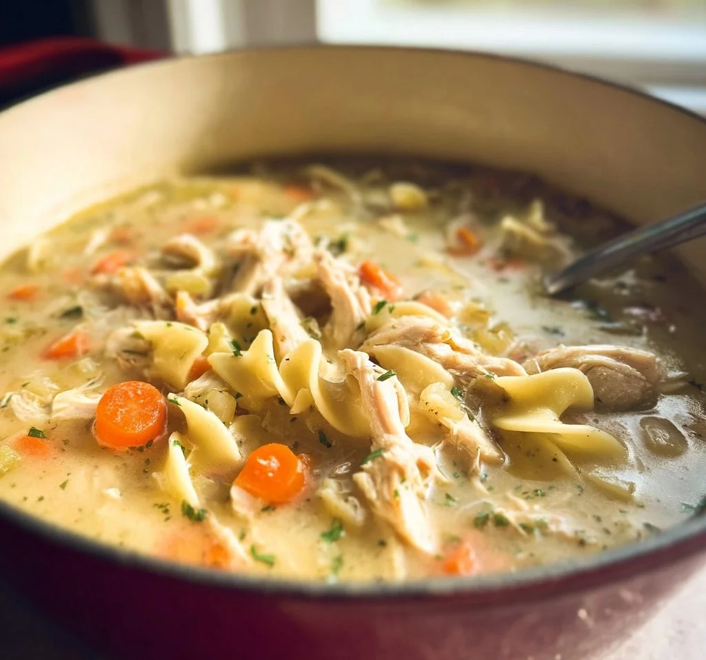 Bowl of homemade chicken noodle soup with fresh herbs and vegetables