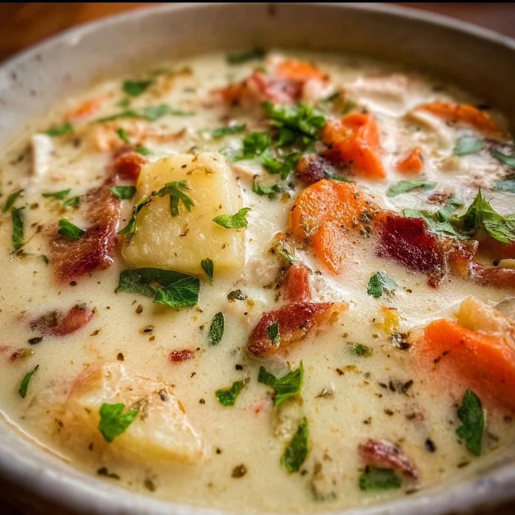 Bowl of homemade clam chowder topped with fresh herbs and crackers