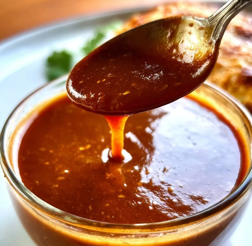 Bowl of homemade enchilada sauce with vibrant spices and herbs
