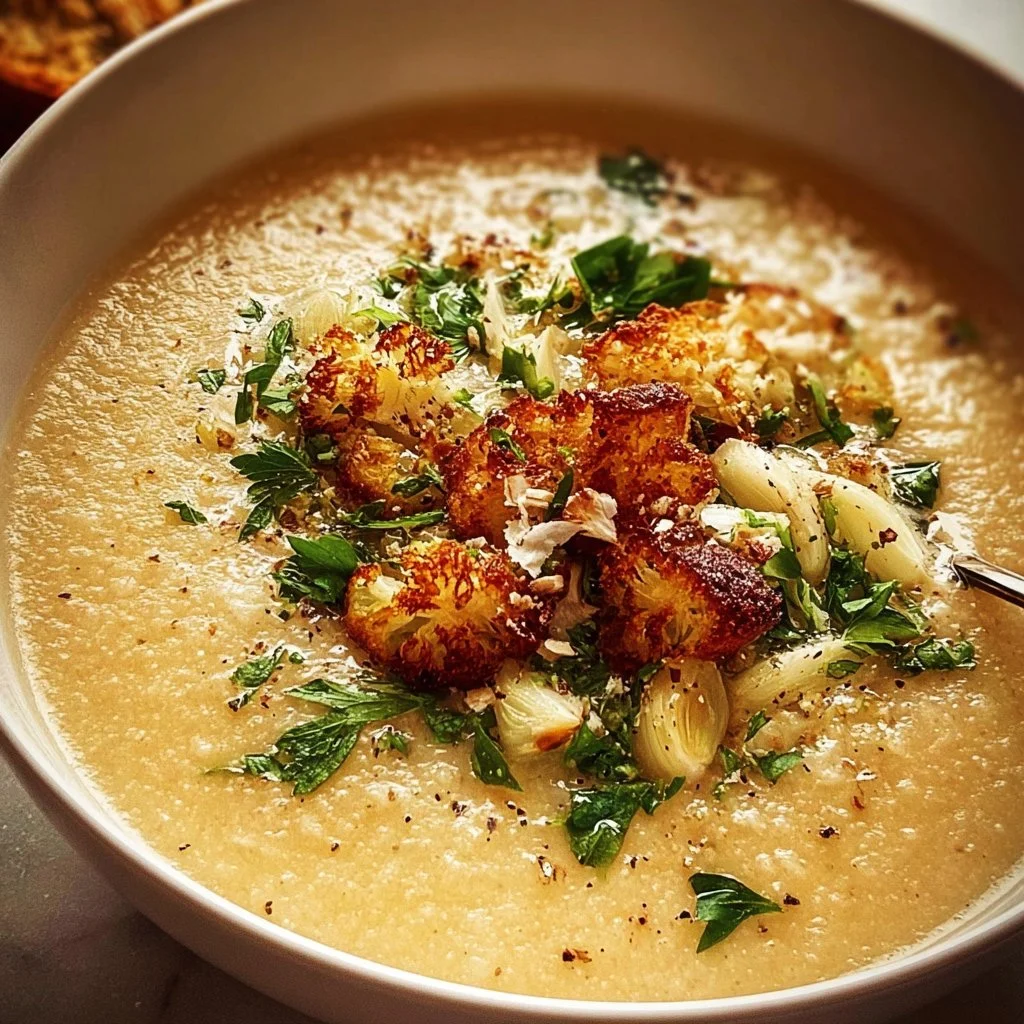 Bowl of homemade garlic soup topped with herbs and served with crusty bread.