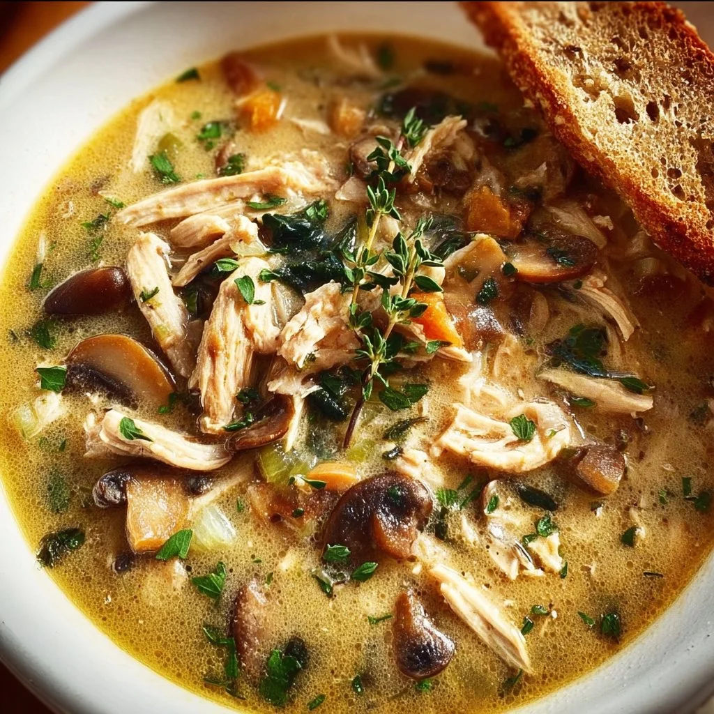 Bowl of homemade rotisserie chicken and mushroom soup garnished with herbs