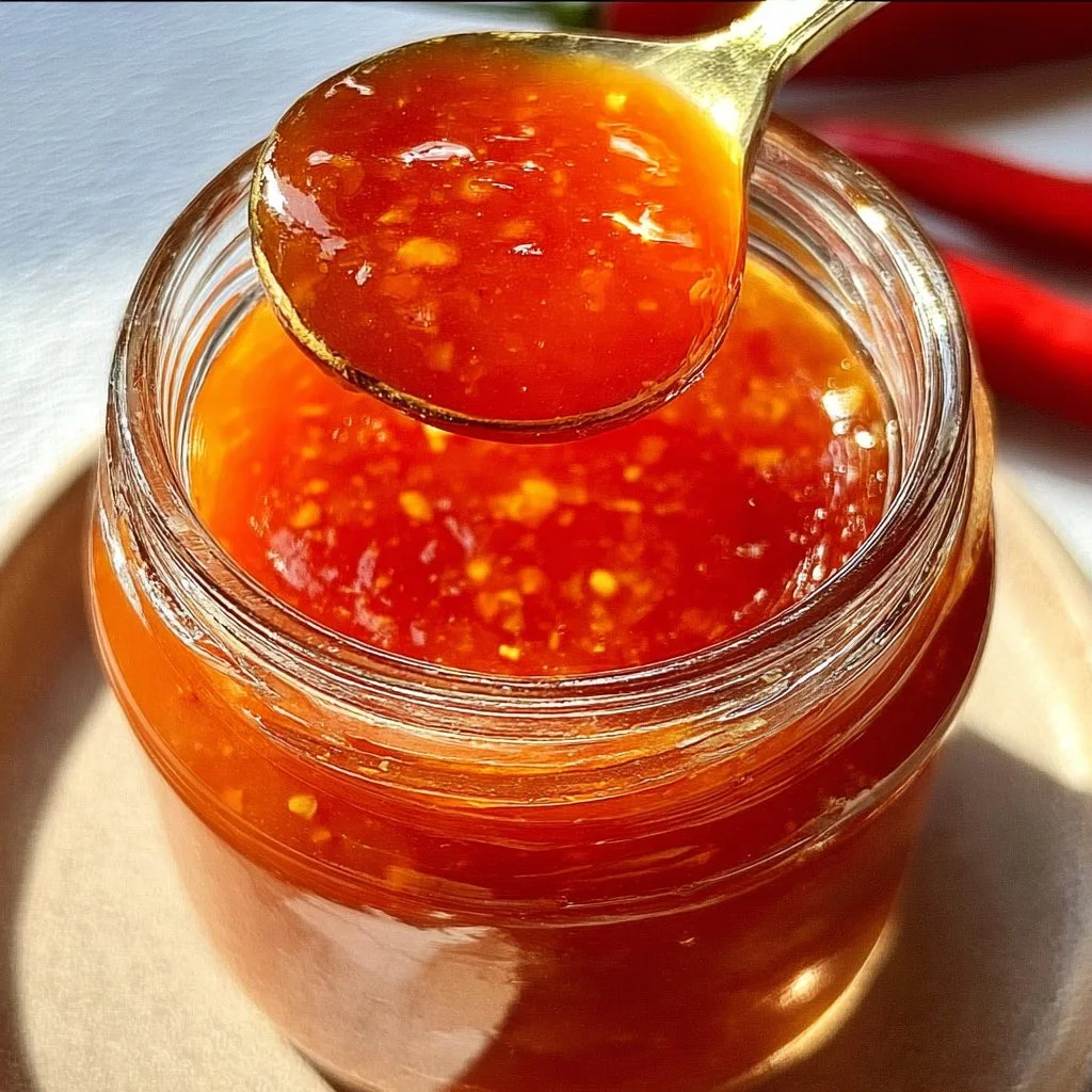 Homemade sweet chili sauce in a glass jar with ingredients around it