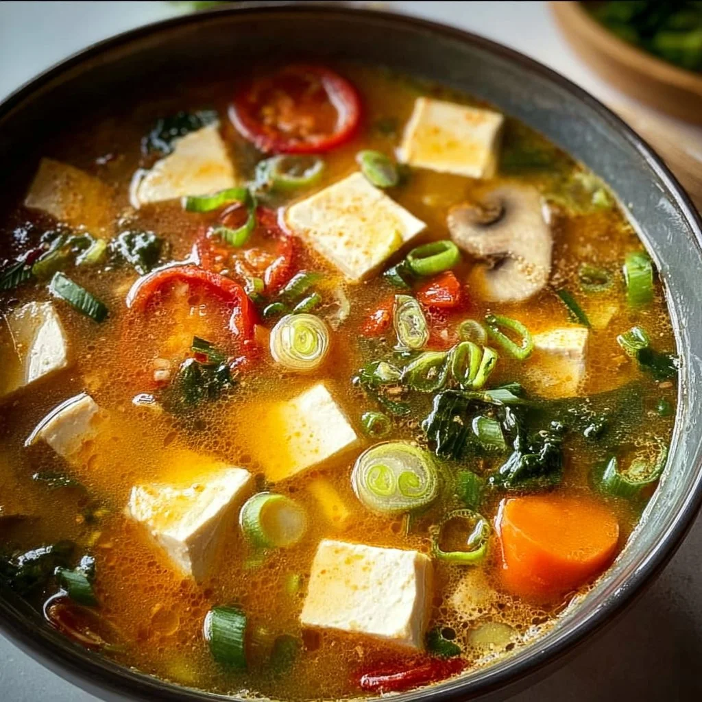 Bowl of homemade tofu soup with fresh vegetables and herbs